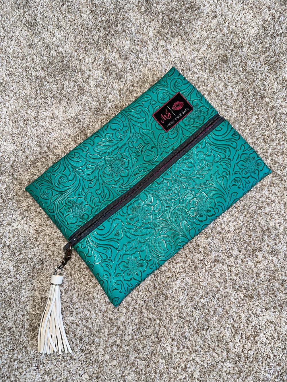 Teal Embossed Cosmetic Pouch with Tassel